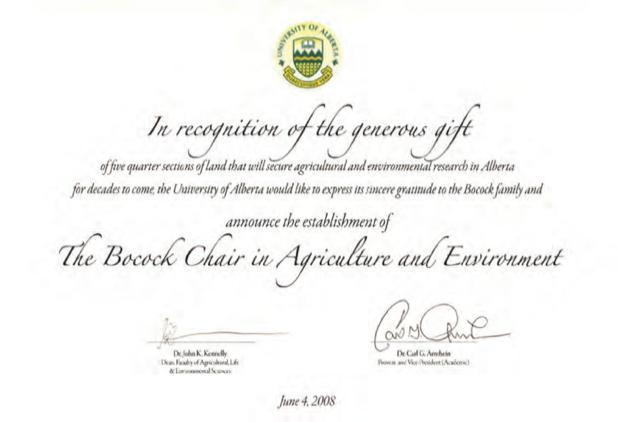 Bocock Chair in Agriculture and Environment.