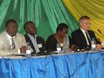 (left to right) Norbert SENDEGE - General Director for Agricultural Production - Ministry of Agriculture Rwanda, Jamil SSEBALU - President of the 'Farmers' Dialogue - Africa' Association - Uganda, Didacienne MUKAHABESHIMANA - President of IofC-Ubupfura - Rwanda, Jim WIGAN - Member of the international Farmers' Dialogue coo