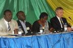 (left to right) Norbert SENDEGE - General Director for Agricultural Production - Ministry of Agriculture Rwanda, Jamil SSEBALU - President of the 'Farmers' Dialogue - Africa' Association - Uganda, Didacienne MUKAHABESHIMANA - President of IofC-Ubupfura - Rwanda, Jim WIGAN - Member of the international Farmers' Dialogue coo